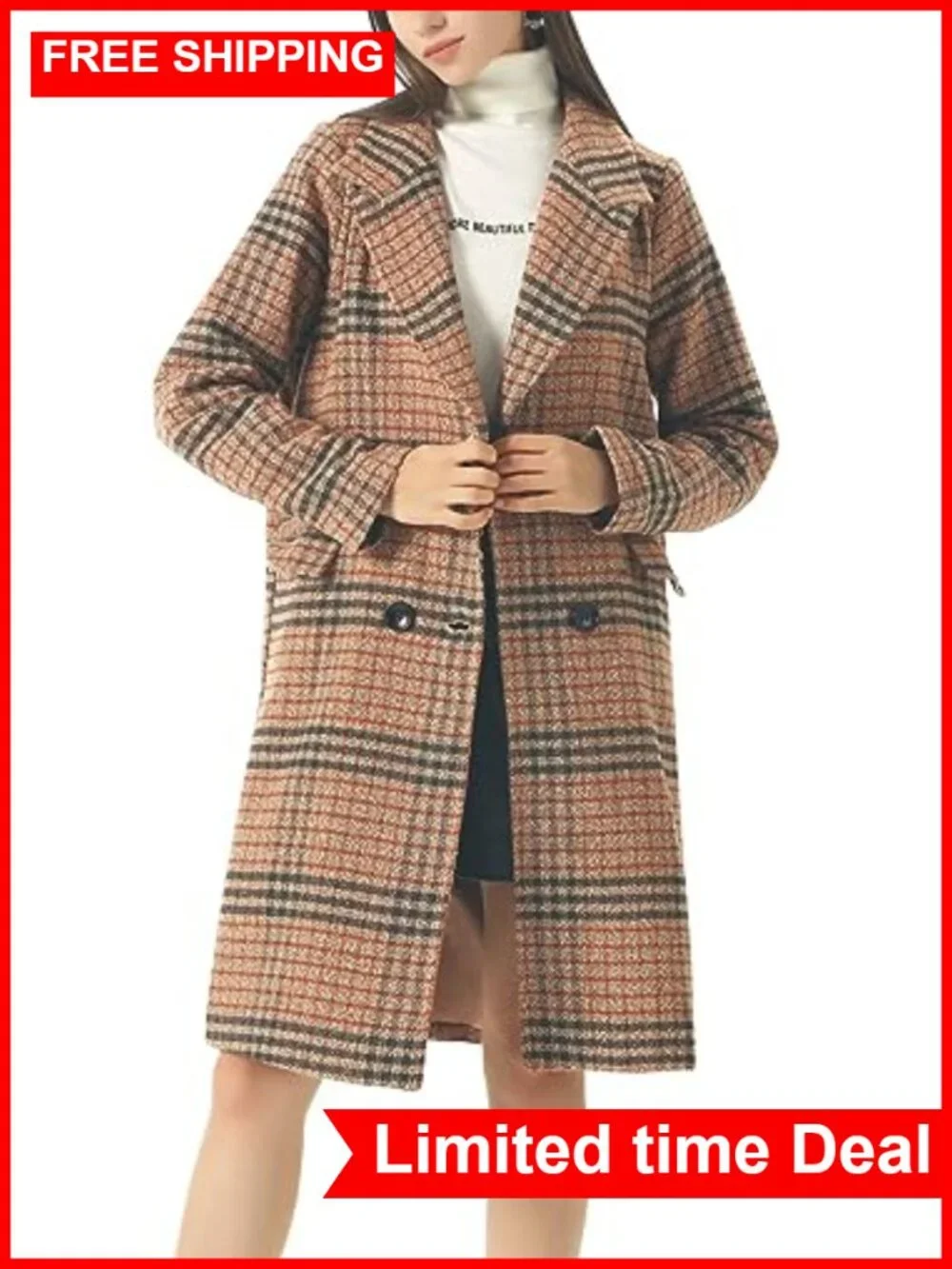 Wool Blend Long Trench Coat Double Breasted Notched Collar